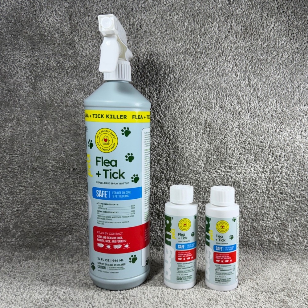 BugMD Pets Flea + Tick Killer Spray & 2 Concentrates Plant-Based Set NEW